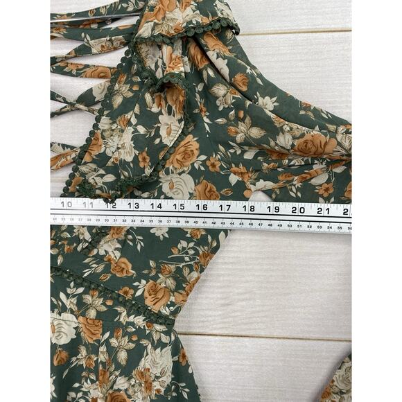 Saints + Secrets Dress M Green Floral Deep V Mini Long Slv Open Lace Up Ruffle - Picture 5 of 11